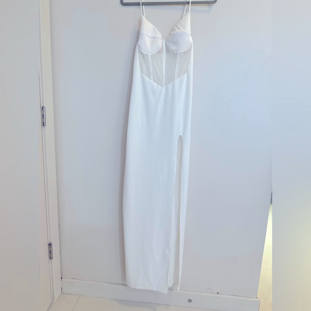 White dress, hip slit, sexy corset bust